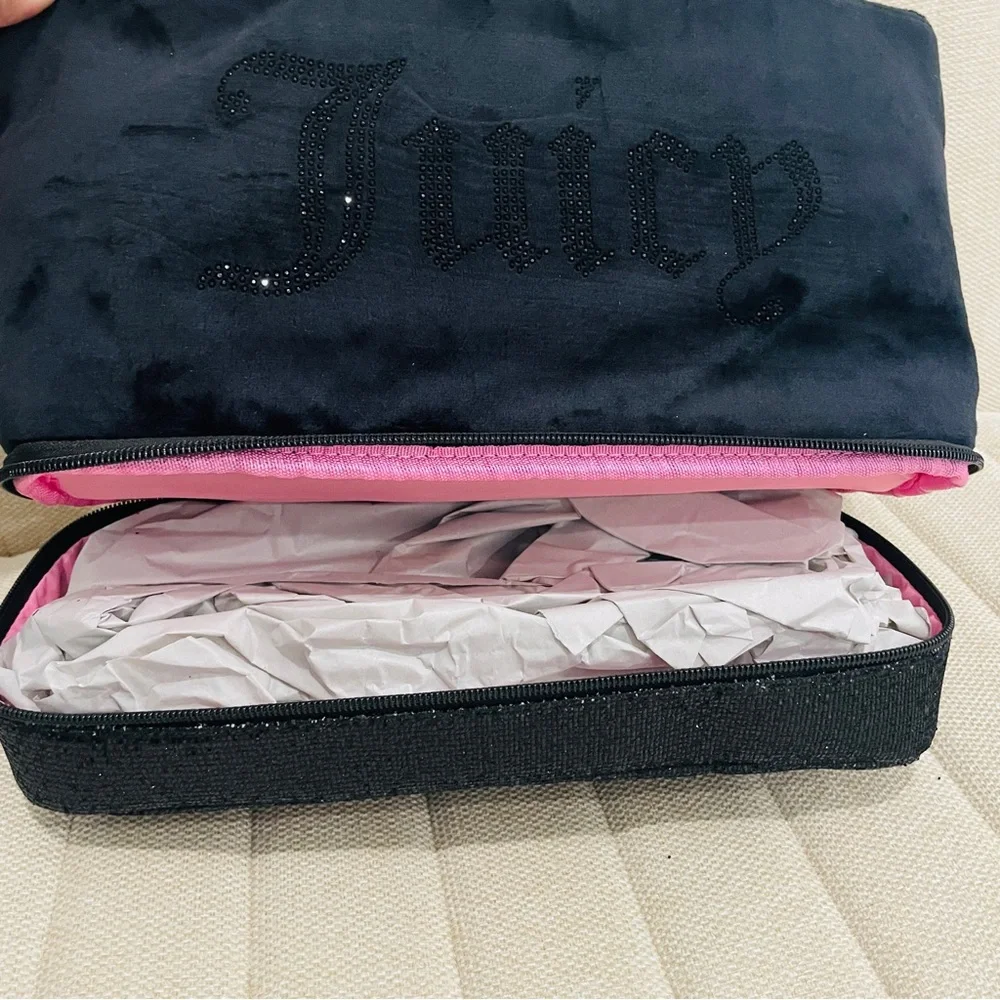 NEW Juicy Couture Black Velour Rhinestone‎ Travel Cosmetic Bag Dual Compartment